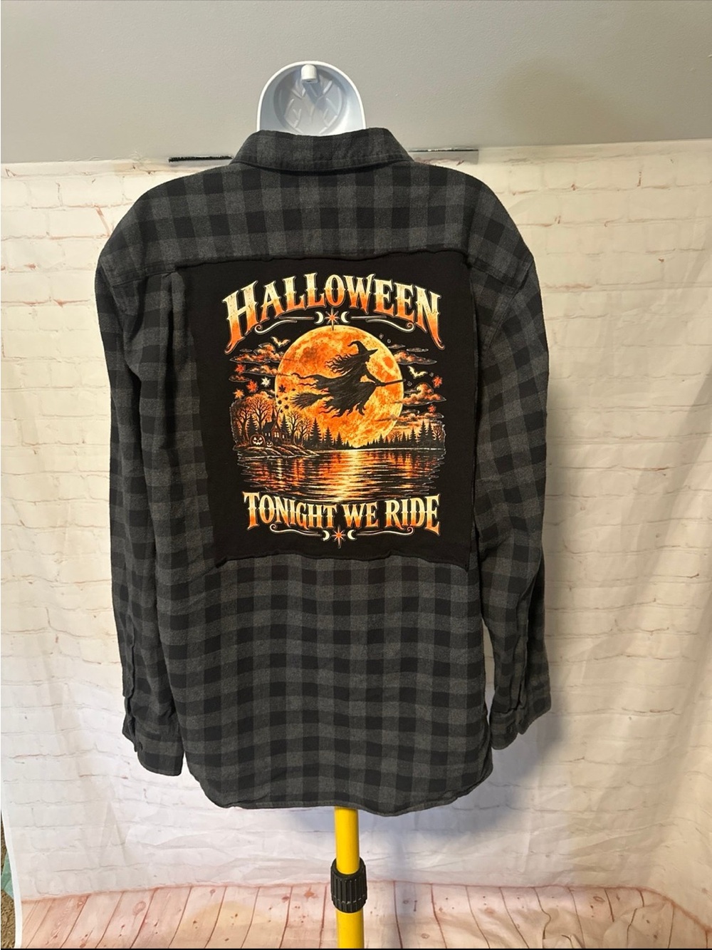 Upcycled Halloween Witch Tonight We Ride Tee Flannel XL